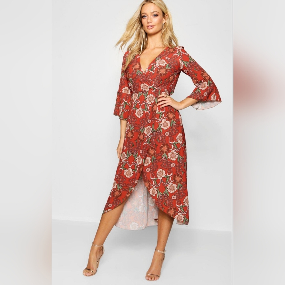 Orange Floral wrap dress Fall Autumn dress